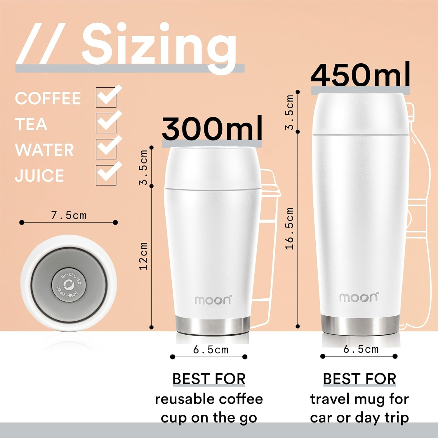 Moon 360&deg; Travel Mug - Leakproof Insulated Coffee Mugs for Hot & Cold Drinks - Takeaway Reusable Travel Cups, Fits Car Cup Holders (450Ml, Powder Coat/White) image number 2