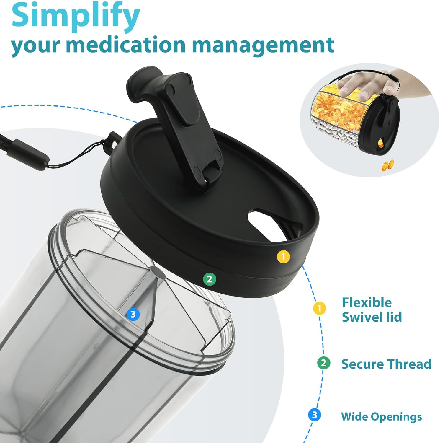 Large Pill Organizer, round Pill Box with 7 Compartments and anti Mixing Design, Space Saving Portable Pill Dispenser, Supplement Organizer for Outdoor Traveling (Black) image number 6