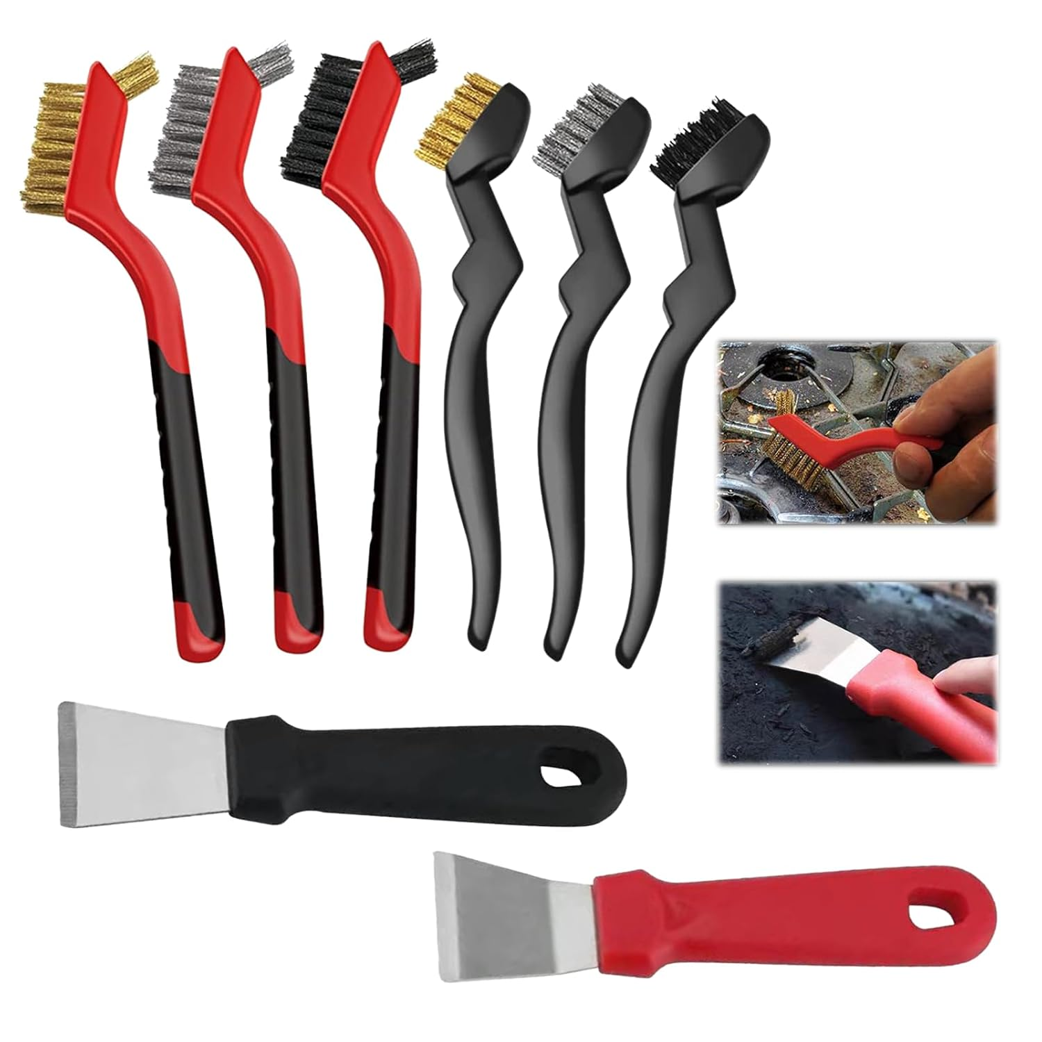 Wire Brush Set 8-Piece - Stainless Steel Wire Metal Brushes Cleaning Kit with Brass,Nylon & Steel Brushesand Scraper for Rust And,Paint & Welding Slag Removal and Cleaning Tough in Tight Corners Dirt image number 4