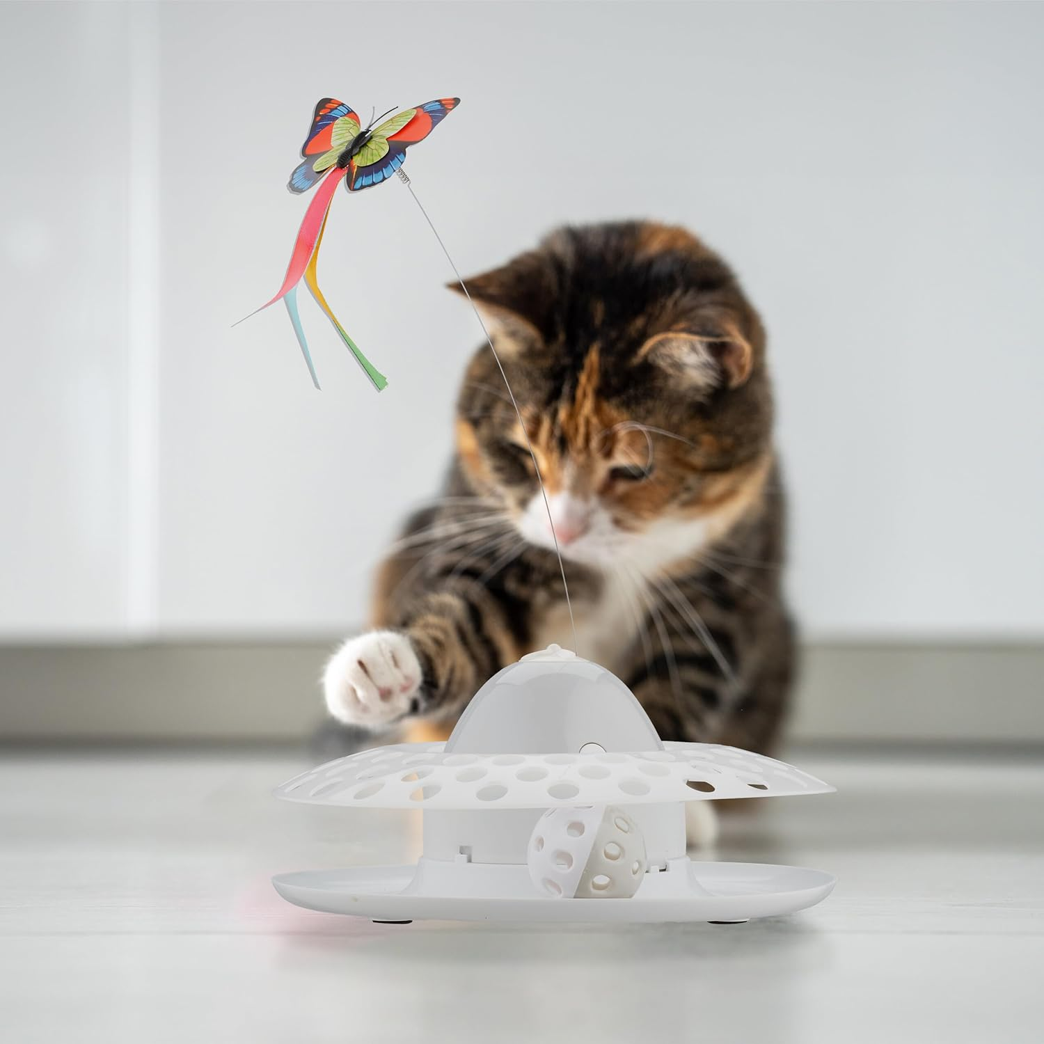 Relaxdays Cat Toy Butterfly and Ball, H X D: 33.5 X 22 Cm, Interactive Cat Carousel, Cat round 360&deg;, White