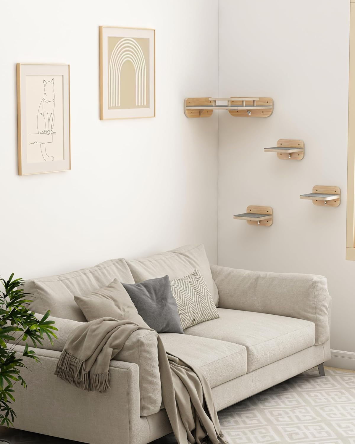 Megidok Cat Wall Furniture Corner Climbing Shelf Perches with 3 Wide Steps - Modern Floating Stairs for Indoor Cats up to 30 Lbs - Wood Color image number 2