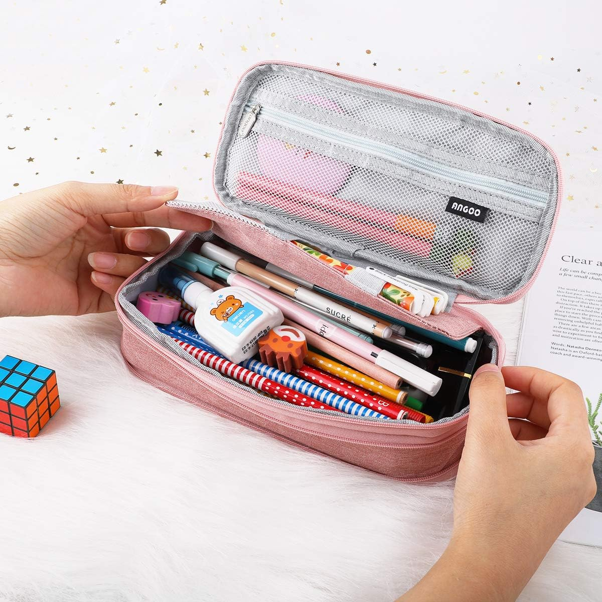 Isuperb Pencil Case Large Capacity Student Canvas Pencil Case Storage Bag Double Zipper Pencil Box for School, Pink1, Modern image number 6