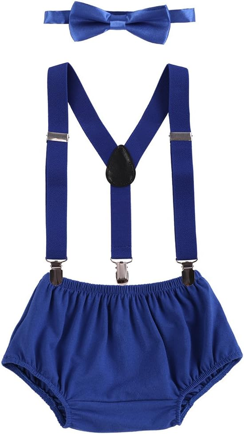 Baby Boys Cake Smash Outfit First Birthday Bloomers Bowtie Suspenders Clothes Set image number 6