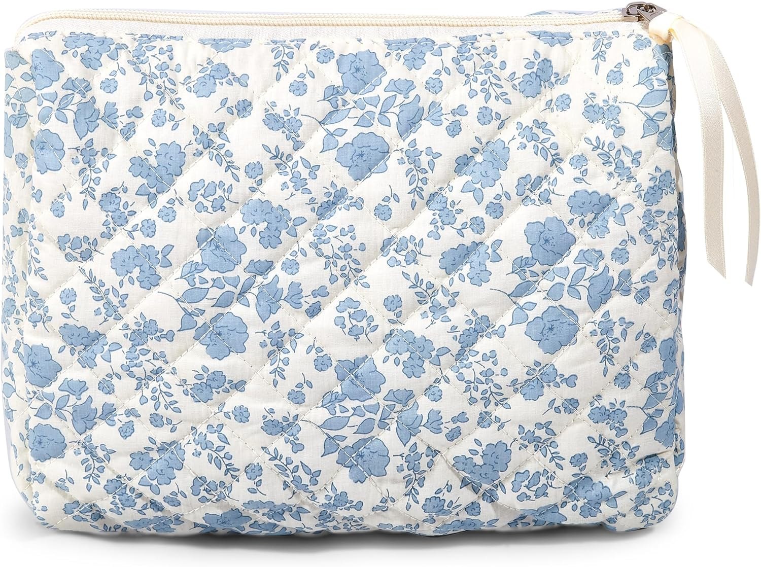 Makeup Bag Large Travel Quilted Cosmetic Makeup Bag Organizer, Floral Cotton Coquette Aesthetic Toiletry Bag for Women Girls, Blue Romantic Rose-L, Floral