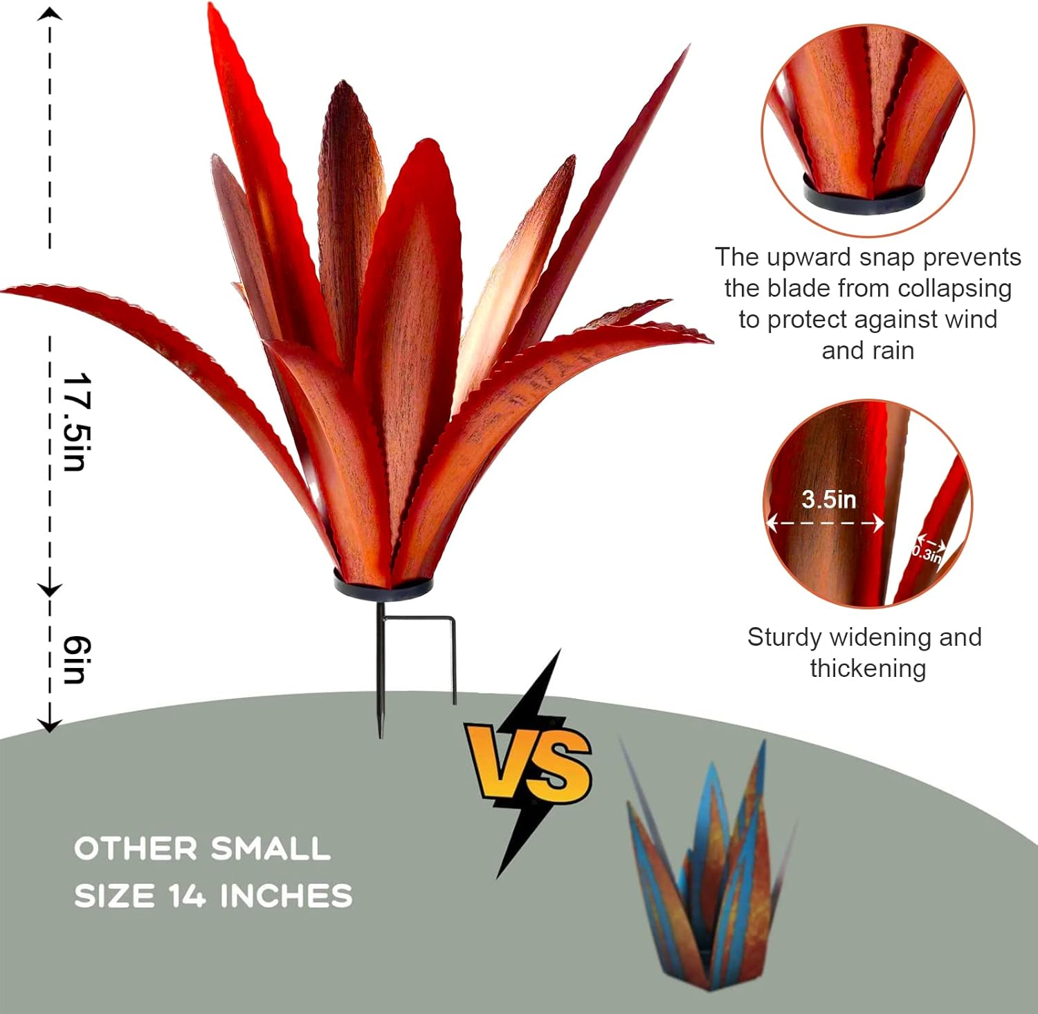 TOMBABY Enlarge Thickened Wind Resistant Metal Agave Garden Art Metal Plant Country Garden Sculpture Statue Outdoor Decoration Agave Metal Plant Courtyard Garden Lawn Ornament Gift (1, 12 Leaves Red) - 5, 1 Solar Blue image number 6