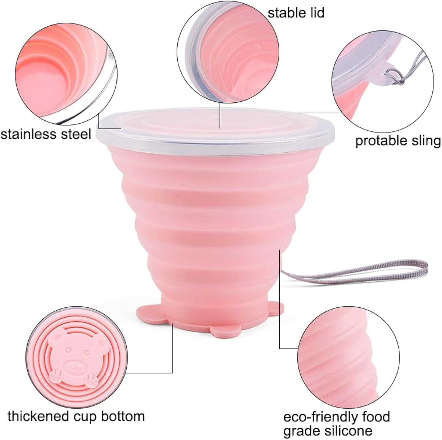 Rhoyee 2 Pack Collapsible Silicone Travel Cups with Lids &ndash; Ultra-Portable, Foldable & Reusable Cups for Camping, Hiking, Travel &ndash; Compact, Leakproof, Bpa-Free Expandable Mugs (Blue & Pink, 270Ml) image number 3