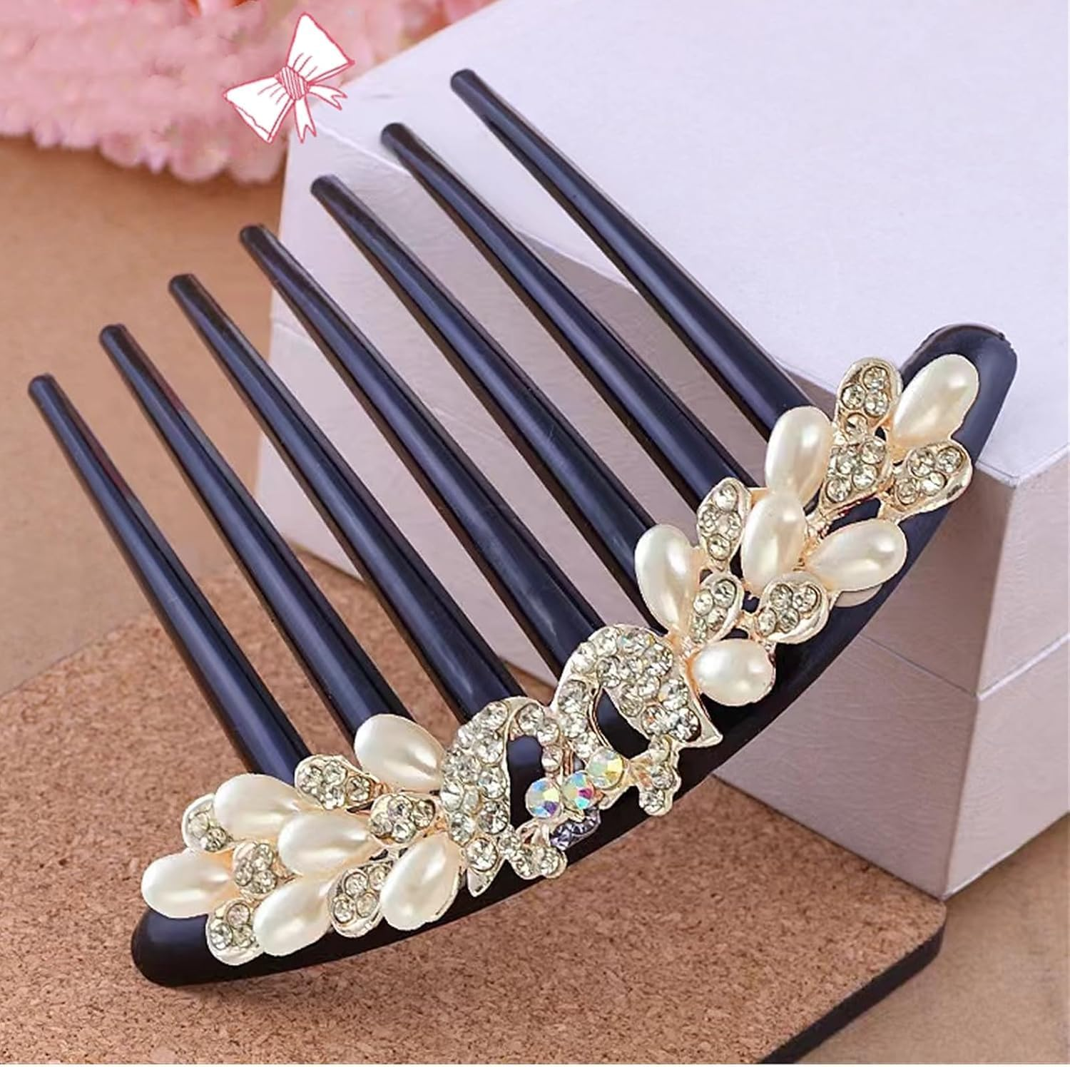 7 Teeth Pearl Crystal Rhinestone Floral Hair Side Comb, 2Pcs 7 Teeth Hair Side Combs Crystal Vintage Headpieces Hair Tools Pins for Women image number 4