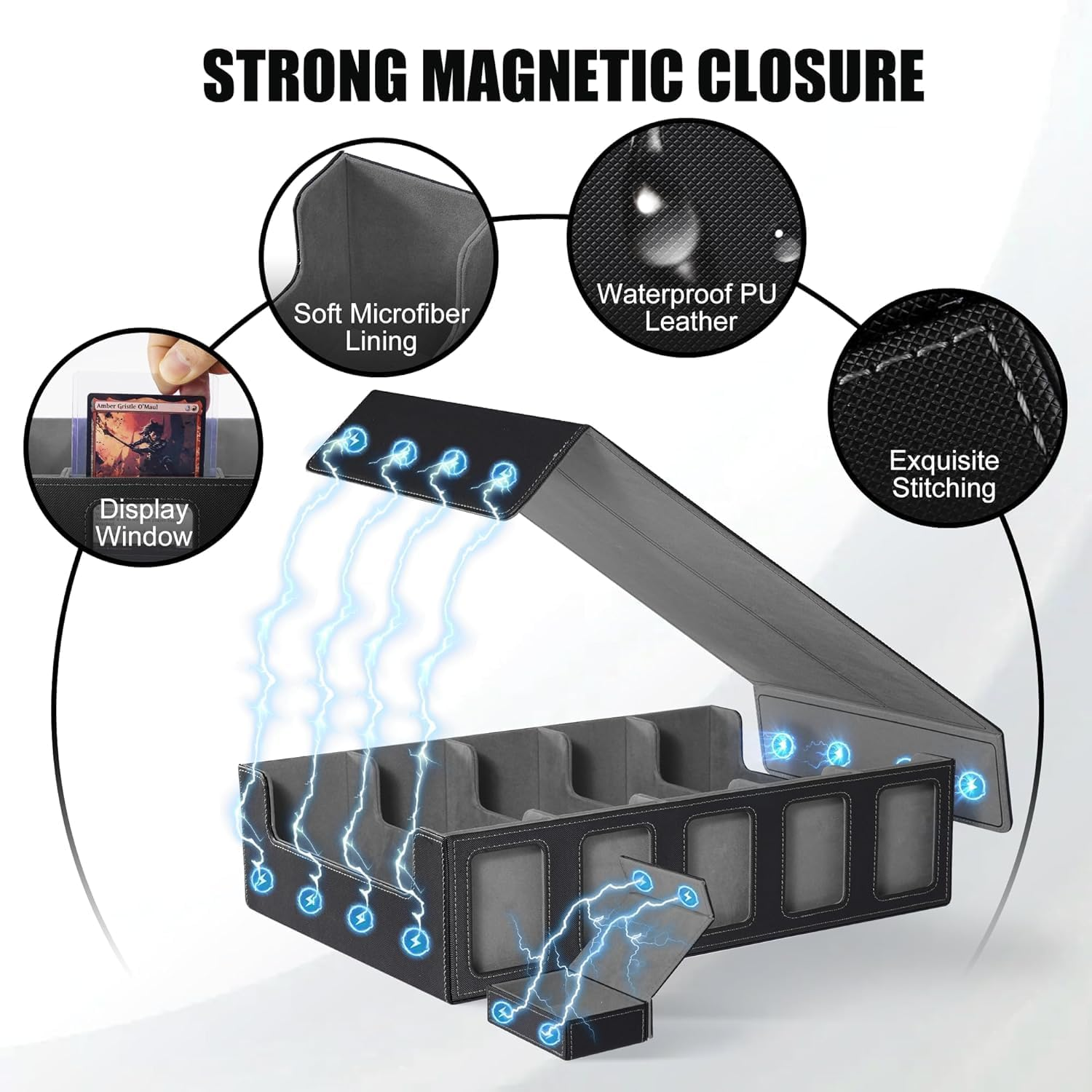 Cyperever Trading Card Storage Box with Commander Display, 5-Row Deck Case with Removable Lid; 3900+ Card Deck Box for MTG TCG Sports Cards, 5 Toploaders, 5 Stoppers, 48 Dividers,1 Dice Tray (Black)