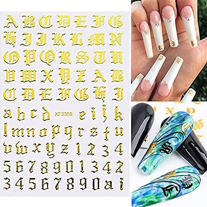 Nail Stickers Self-Adhesive Nail Sticker Letters 3D Nail Stickers Letters Old English Alphabet White Black Gold Silver Letters Nail Design Nail Art Decoration (12 Sheets) image number 4