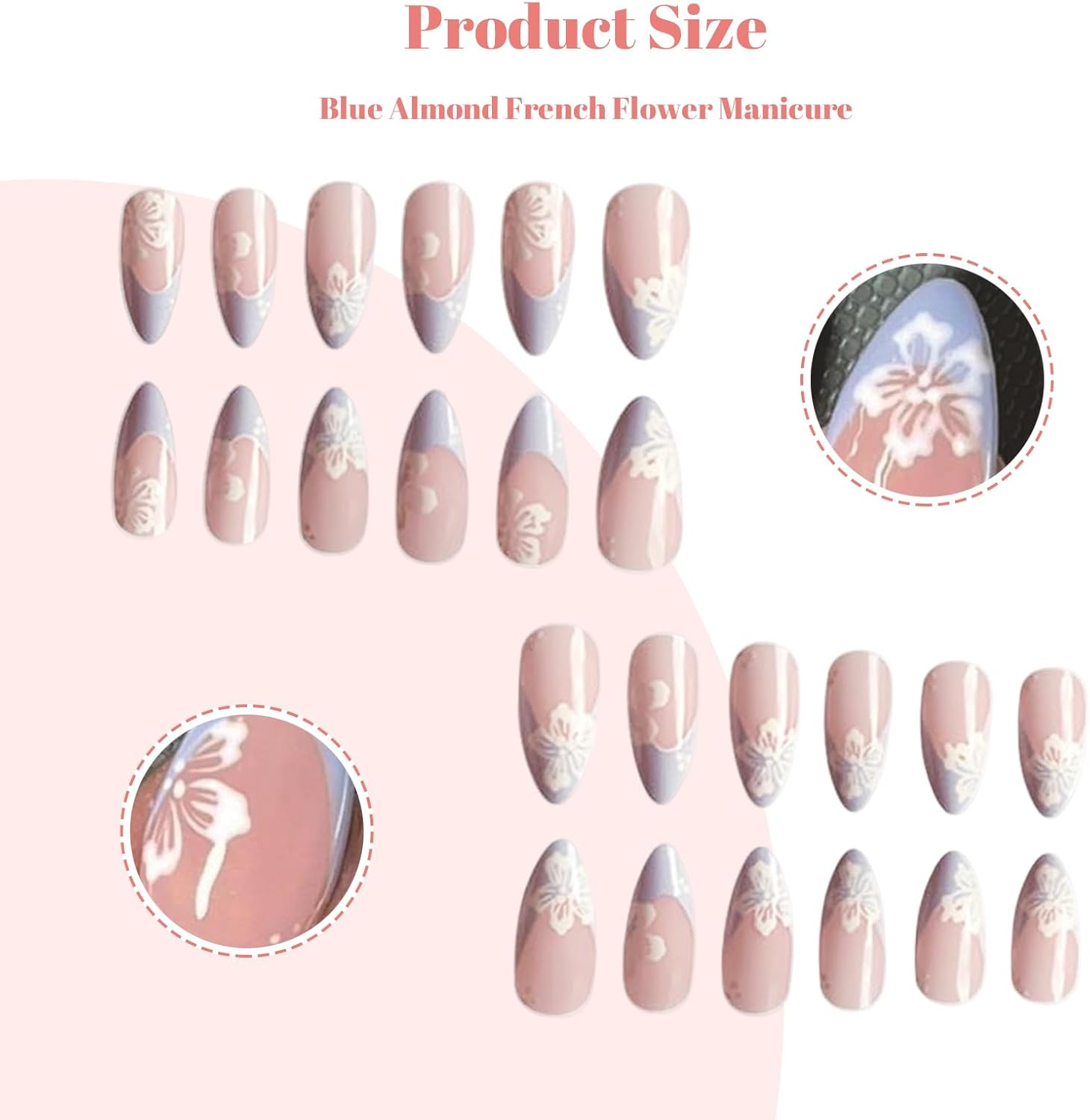 Charmburst Pack of 24 Blue Flowers Press on Nails Almond Medium, False Nails for Sticking, High-Quality ABS False Nails for a Long-Lasting Effect image number 2