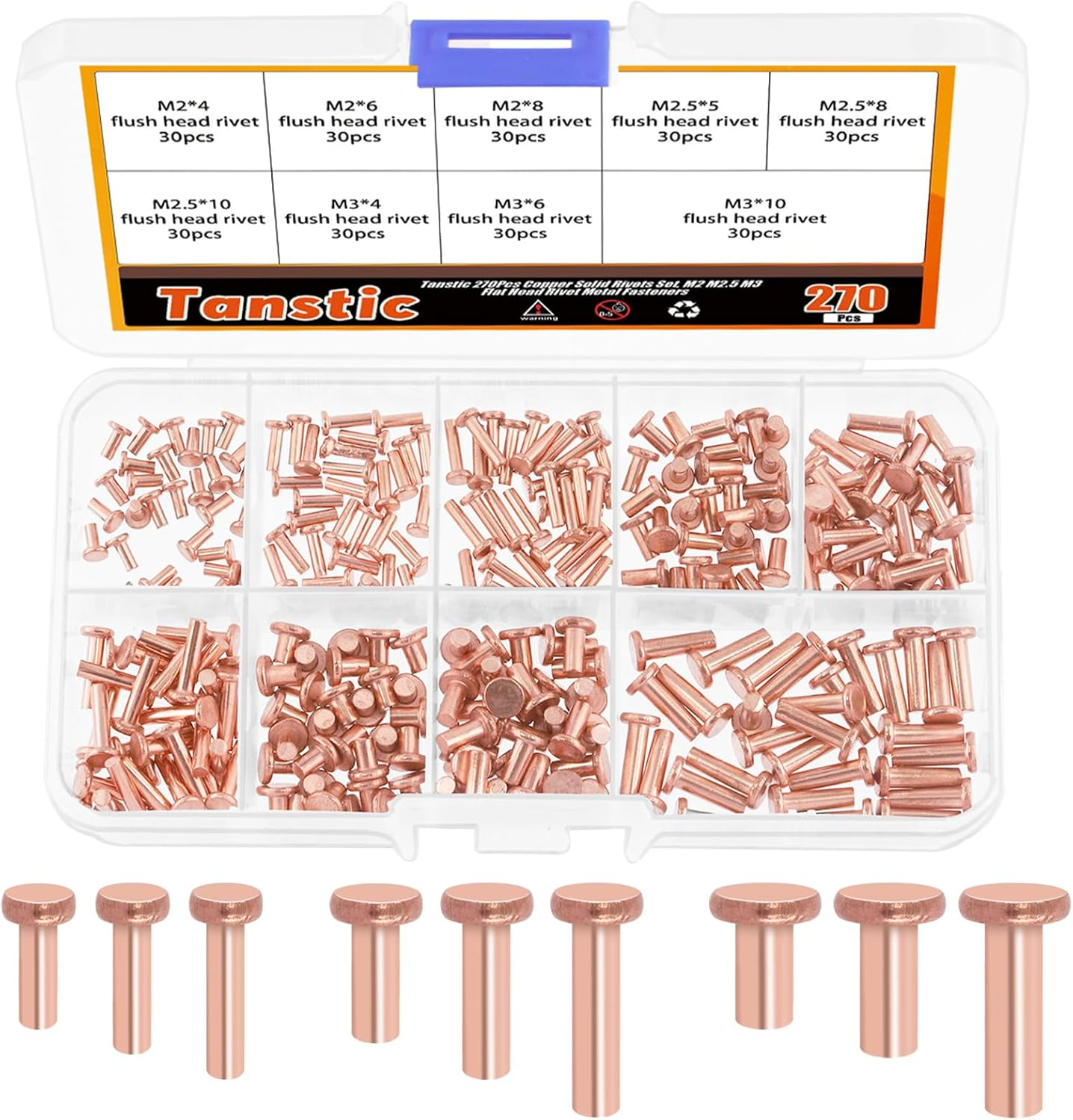 Tanstic 270Pcs Flat Head Copper Solid Rivets, M2X4/6/8, M2.5X5/8/10, M3X4/6/10 Solid Copper Rivets Fasteners for Electrical Applications Copper Finish Copper Tone image number 1