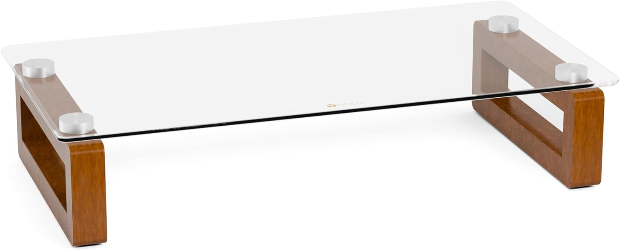 YEOUX Multi-Purpose Desktop Stand, Clear Floating Computer Monitor Riser with Natural Wood Base, Desk Organization Shelf for Printer, Laptop, Audio Device, Flat Screen (Dark Wood&Clear Glass) image number 2