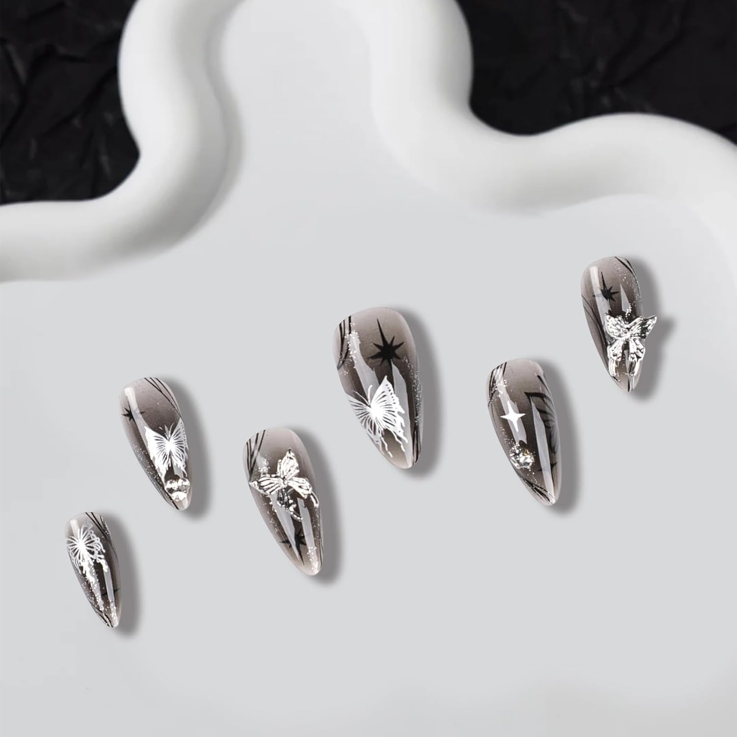 24 Pieces Push on Almond Nails Shiny False Nails Black Ombre Full Surface Glue on Nails with Metal Butterfly Designs image number 5