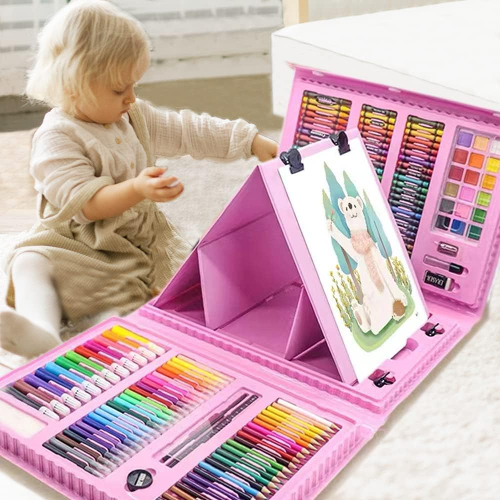 ZDY 208 PCS Art Supplies, Drawing Art Kit for Kids Adults Art Set with Double Sided Trifold Easel, Oil Pastels, Crayons, Colored Pencils, Watercolor Pens Girls Boys Artist,Pink