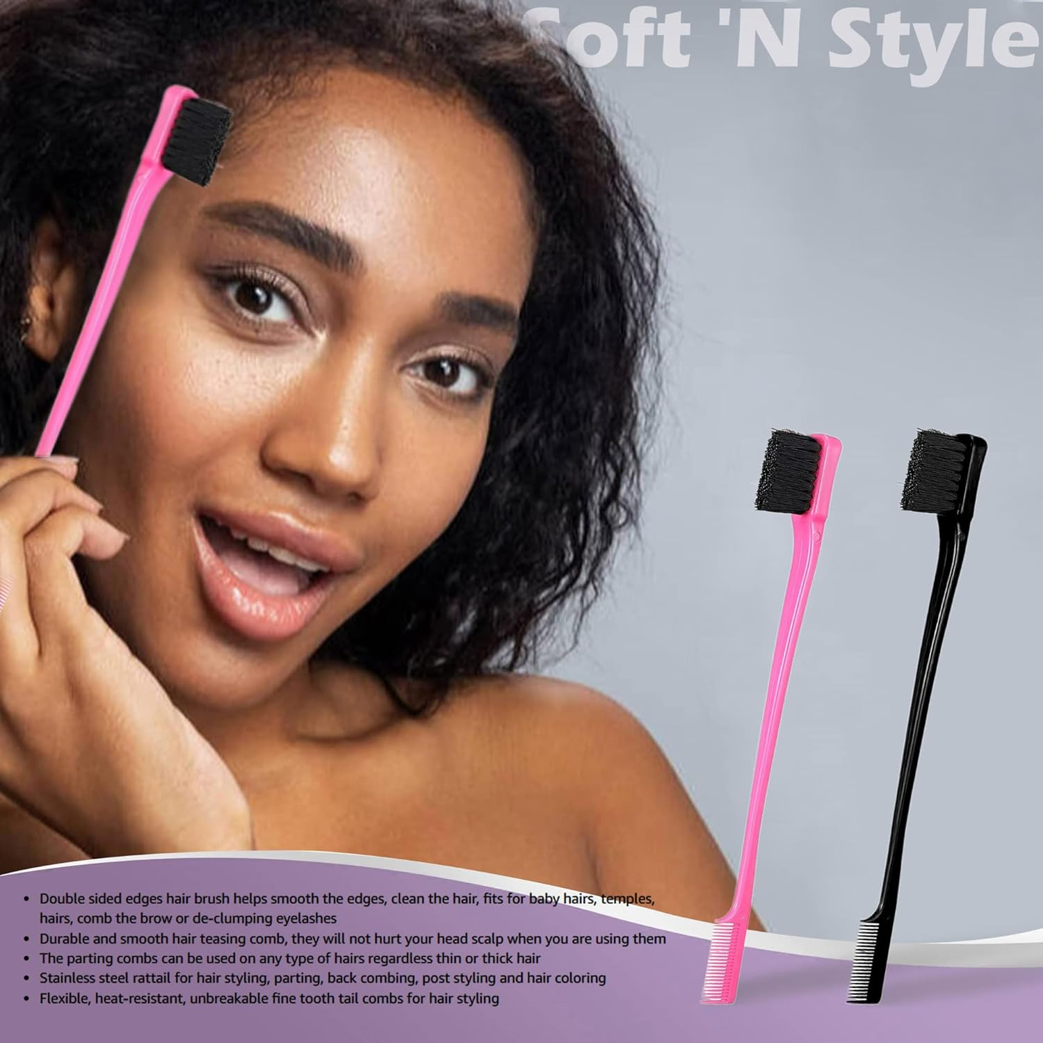 (Combo (Pink & Black)) - Mayabeauty Double Sided Edge Control Hair Brush Comb Combo Pack 2 Pieces Pink and Black - Black image number 5