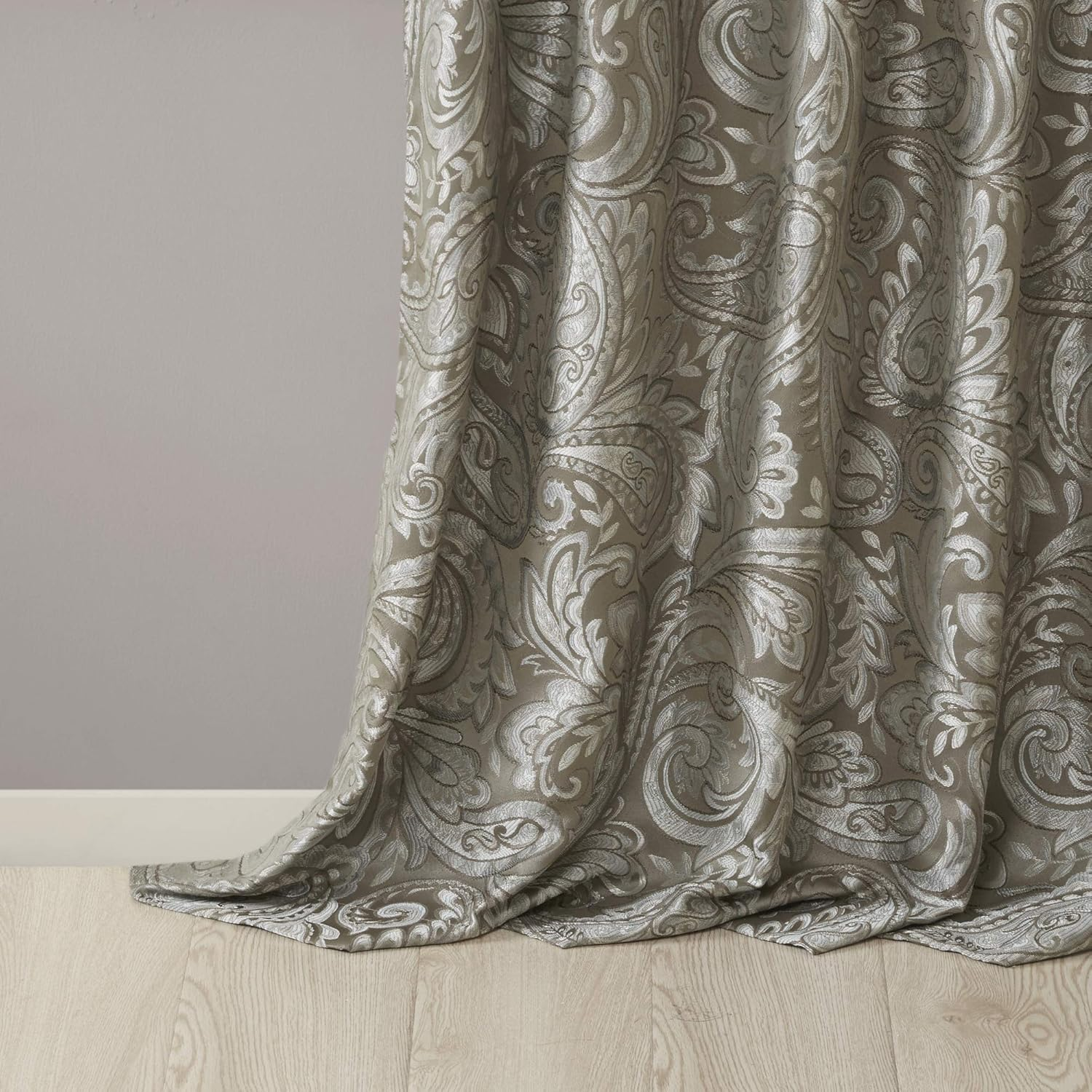 Madison Park Aubrey Faux Silk Paisley Jacquard, Rod Pocket Curtain for Living Room, Kitchen, Bedroom and Dorm, 50 in X 84 In, Taupe/Blue image number 3