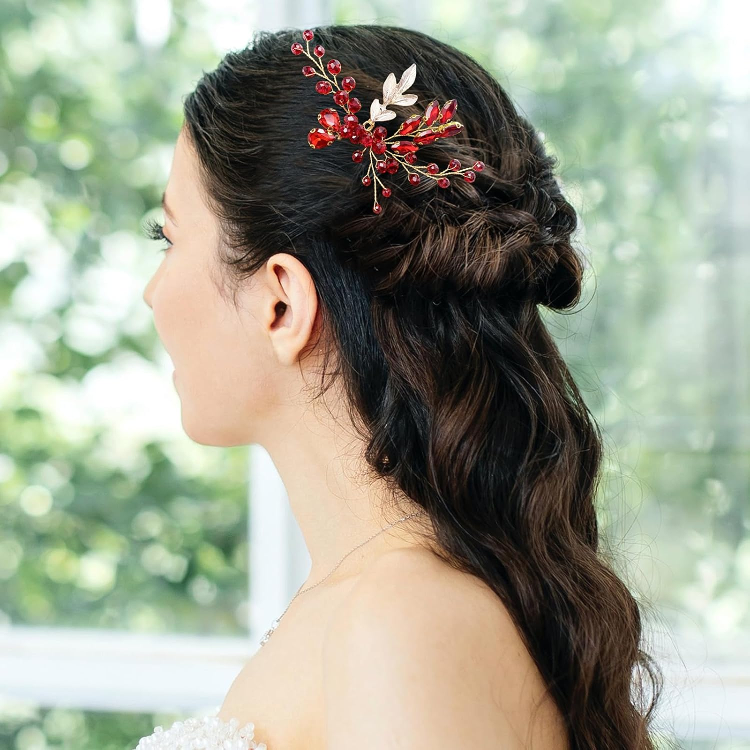 BETITETO Crystal Bridal Hair Comb Wedding Gold Vine Leaf Rhinestone Hair Piece Accessories for Women Girls (Red) - Green,Red image number 4