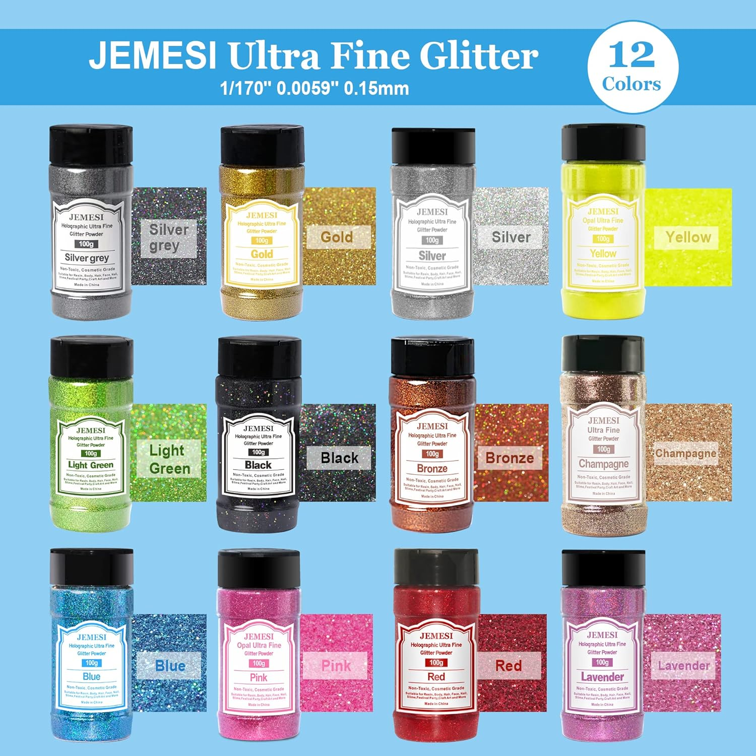 JEMESI Green Fine Glitter Holographic Glitter Powder, Glitter Powder for Epoxy Resin, Nail, Casting, Body Art & Decoration - 100 G