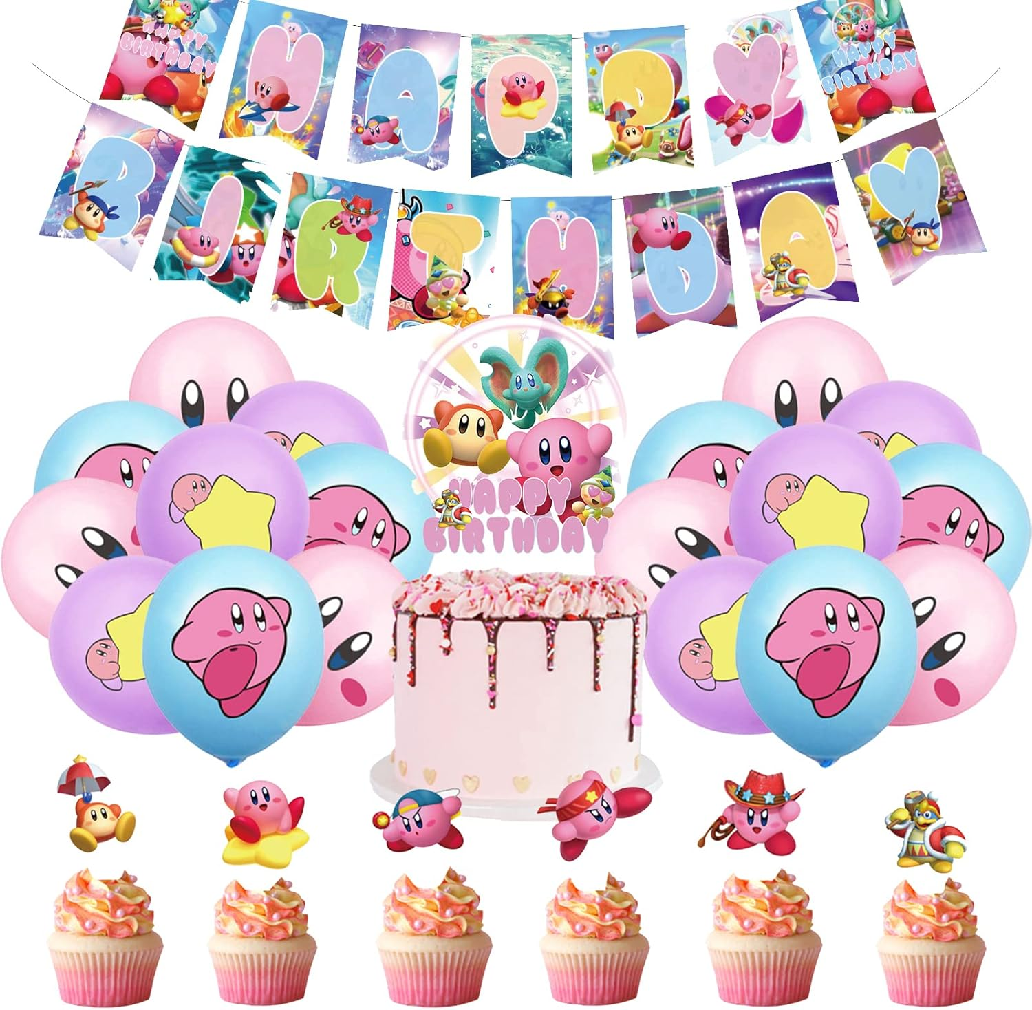 Kirby Children'S Birthday Decoration Pack: Kirby Balloons, Cake Toppers, Garland in Pink