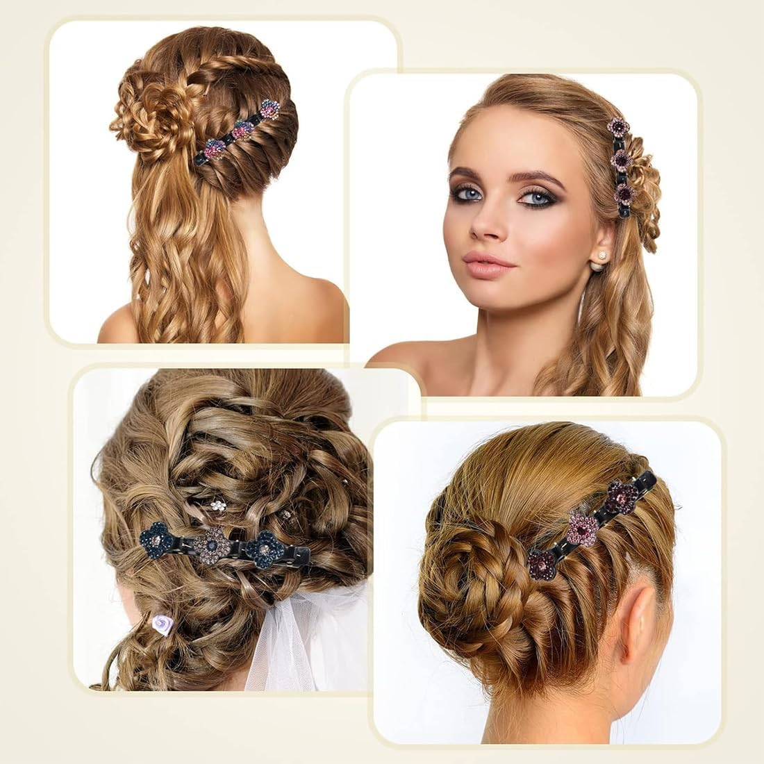 Pack of 7 Braided Hair Clips, Crystal Hair Accessories, Braided Hair Clip, Girls, Rhinestone Hair Clip image number 2