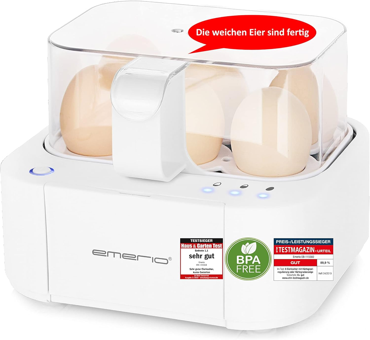 Emerio Best Egg Cooker EB-115560 - Soft, Medium, Hard in One Process - Voice Output - White (2022 Model) - Bpa-Free Plastic, Tritan - Includes Measuring Cups, Egg Cutter