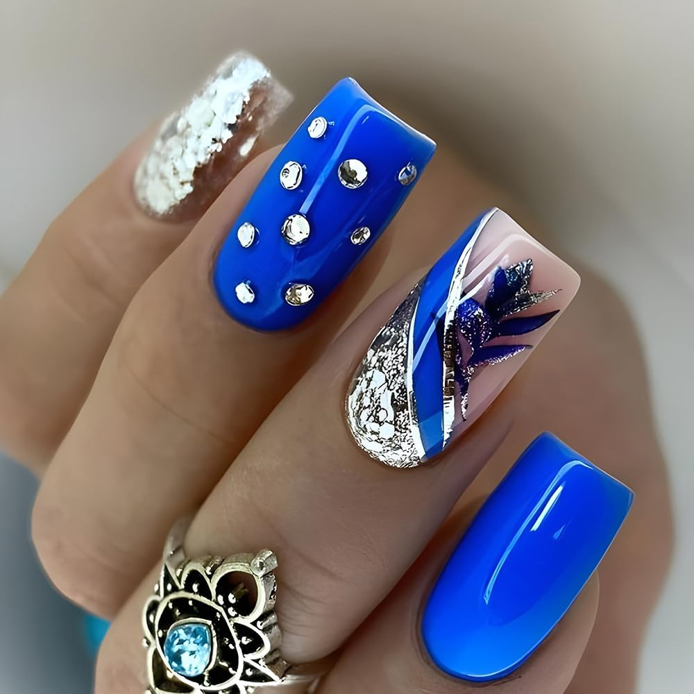 24 Pieces French Press on Nails Medium Length Square Artificial Nails Blue Rose Flower Fingernails for Sticking Glitter Silver Adhesive Nails Set Acrylic Nail Tips Women Spring Summer Nail Accessories - 424J6 image number 3