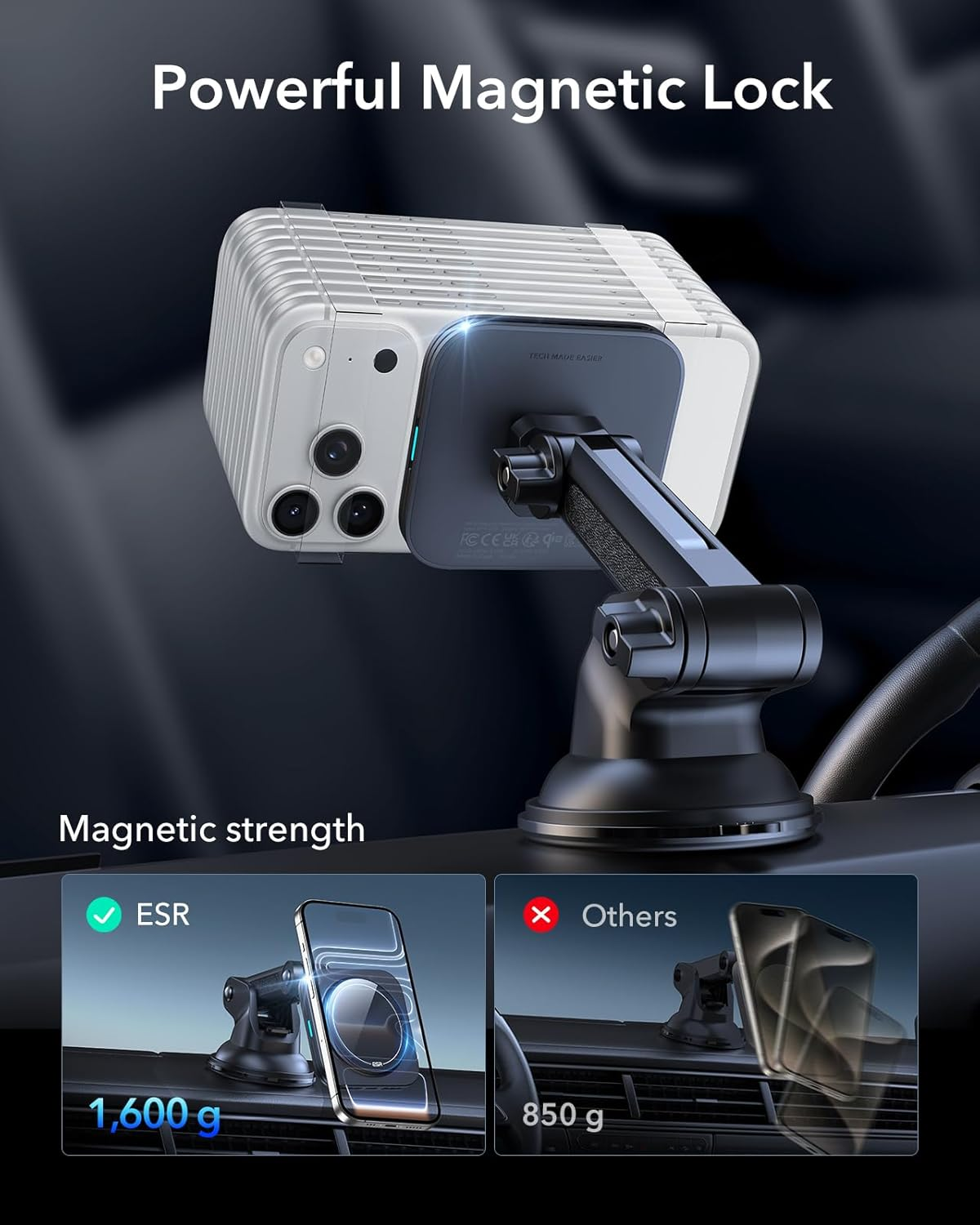 ESR for 15W Magsafe Car Mount Charger, Magsafe Car Charger, Dashboard/Windshield Magnetic Wireless Car Charger, Car Phone Mount for Iphone 17/16/15/14/Google Pixel 10/S25,Fast Charging, Black image number 6