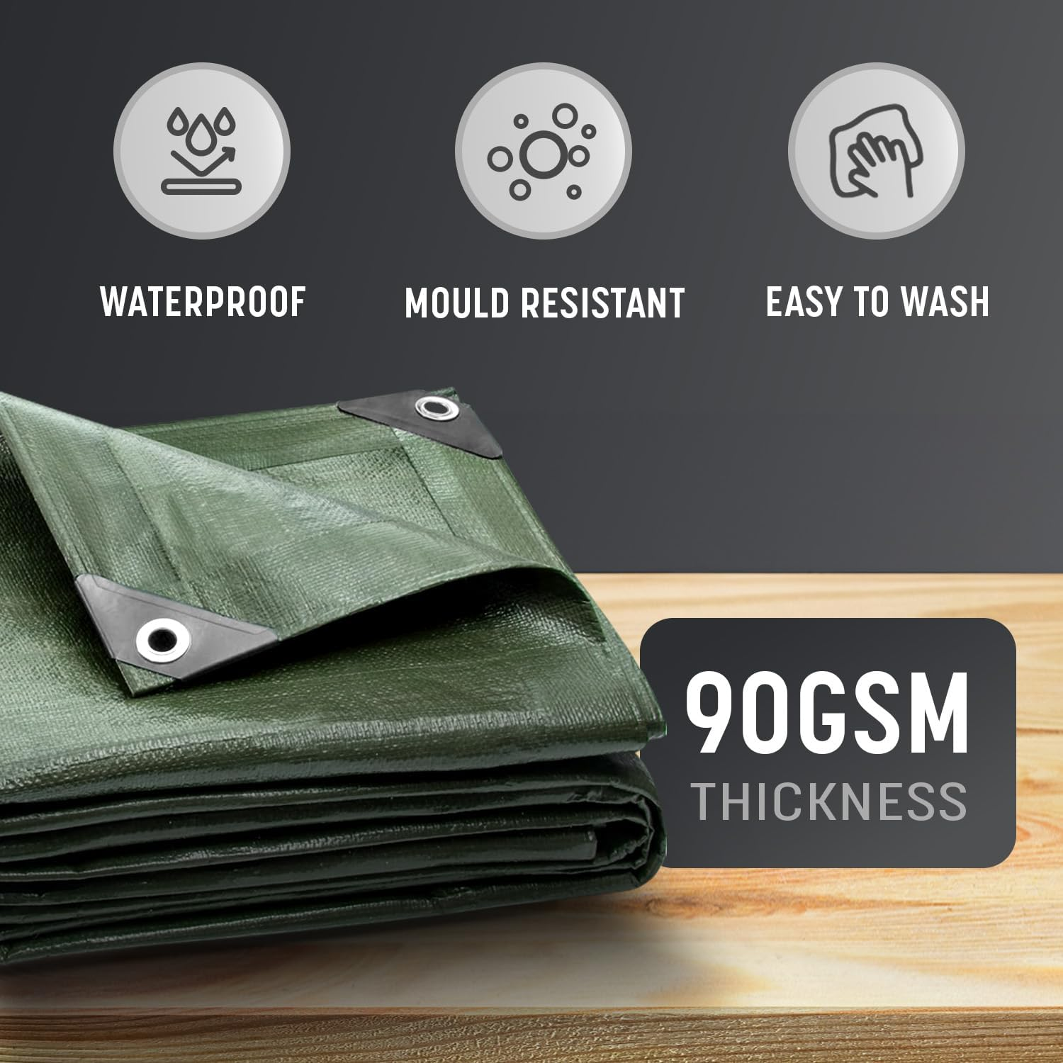 Keplin 2X3M Waterproof Tarpaulin Cover Sheet 90GSM, Heavy Duty, Mould-Resistant, Easy to Wash - PE Material, Reinforced Edges with Metal Eyelets, Green
