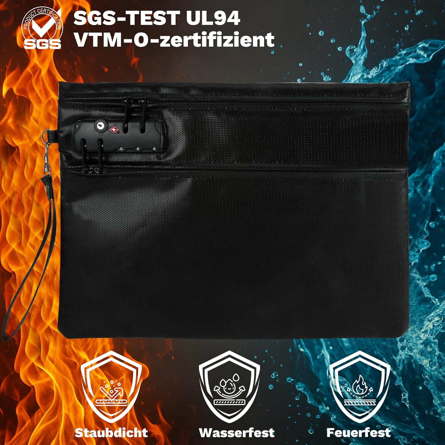 6400&deg;F Fireproof Document Bag with Lock, Waterproof, Fireproof Document Bag, 12-Layer Thermal Insulation, Fireproof Money Bag for Cash, Passports, Valuables, 36 X 26 Cm, Black image number 1