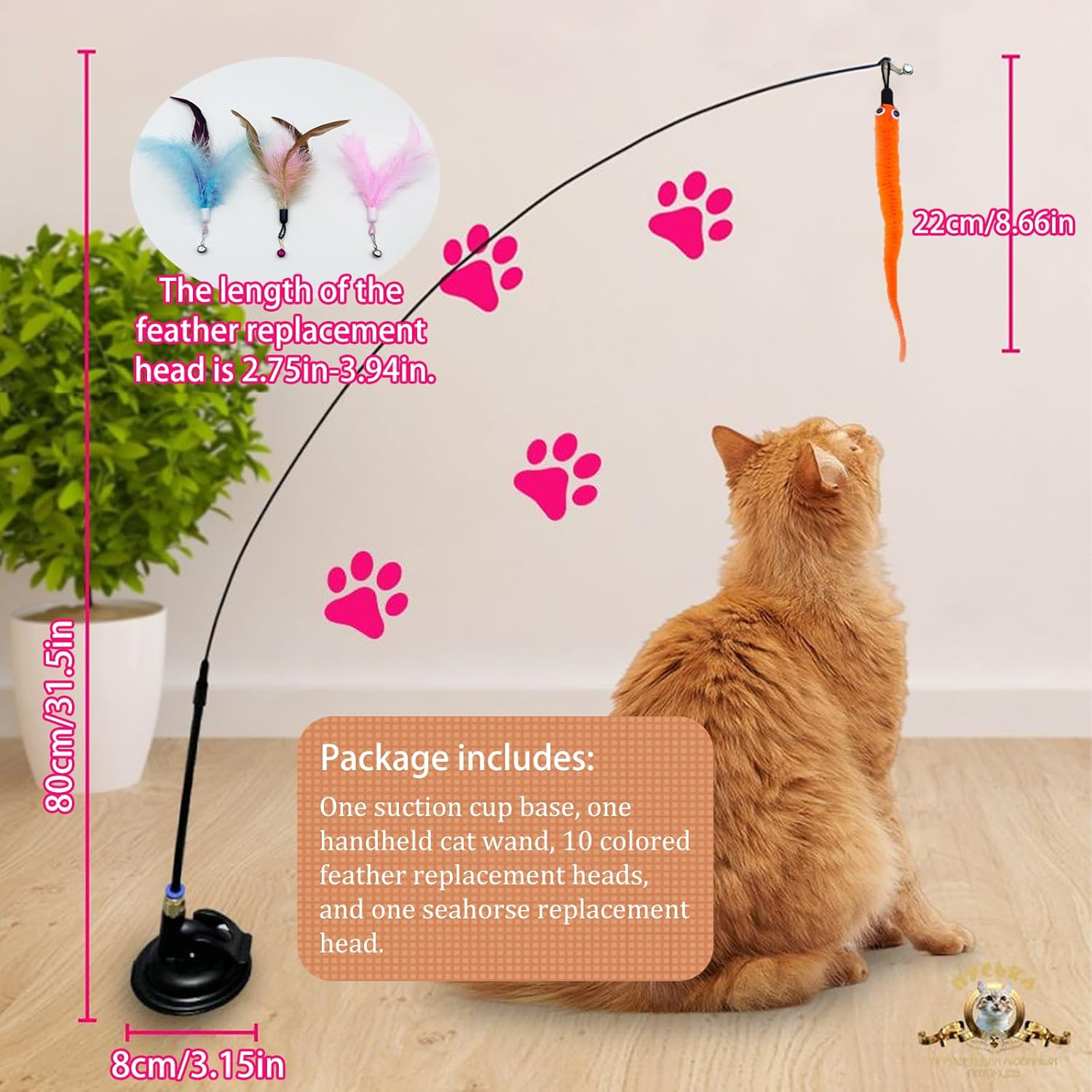 Cat Wand Toy Set 12 Pcs, Interactive Feather Cat Toys with Bell for Indoor Play, Exercise & Self-Entertainment, 2 Play Modes, Reusable Suction Cup Kitten Wand for Active Felines image number 6