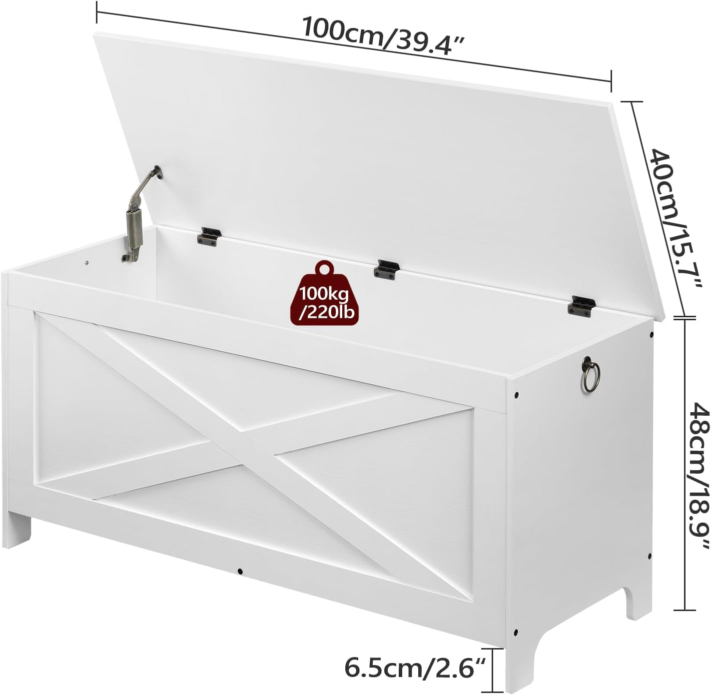 MAHANCRIS 100 CM Toy Chest, Sturdy Entryway Storage Chest with Safety Hinges, Retro Toy Box, Wooden Look Accent Furniture for Living Room, Bedroom, White SCWT48101Z1
