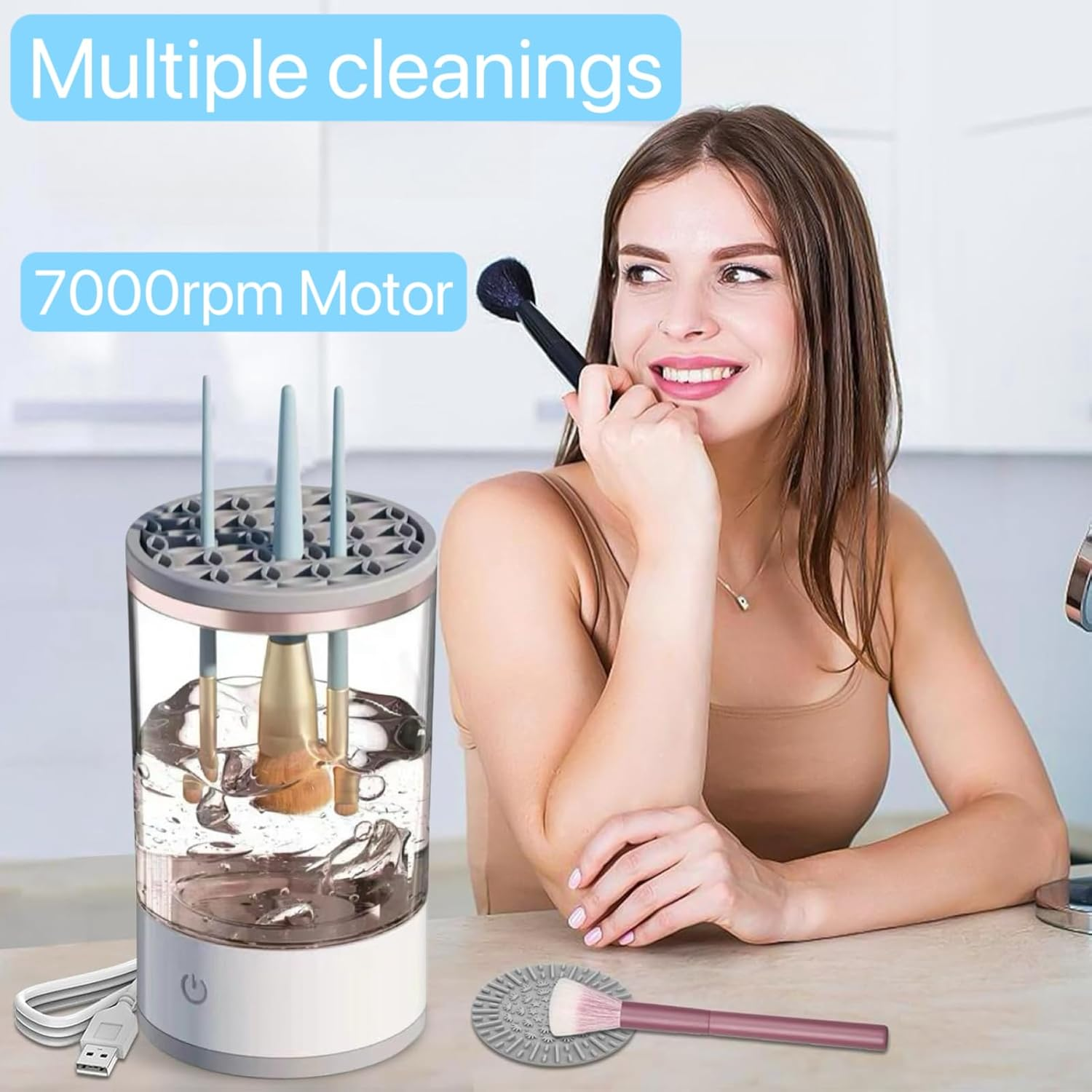 Electric Makeup Brush Cleaner,Makeup Brush Cleaner Machine,Make up Brush Cleaner Cleanser Machine,Automatic Makeup Brush Cleaner, Ideal for Traveling and Makeup Lovers for Professionals (White) image number 2