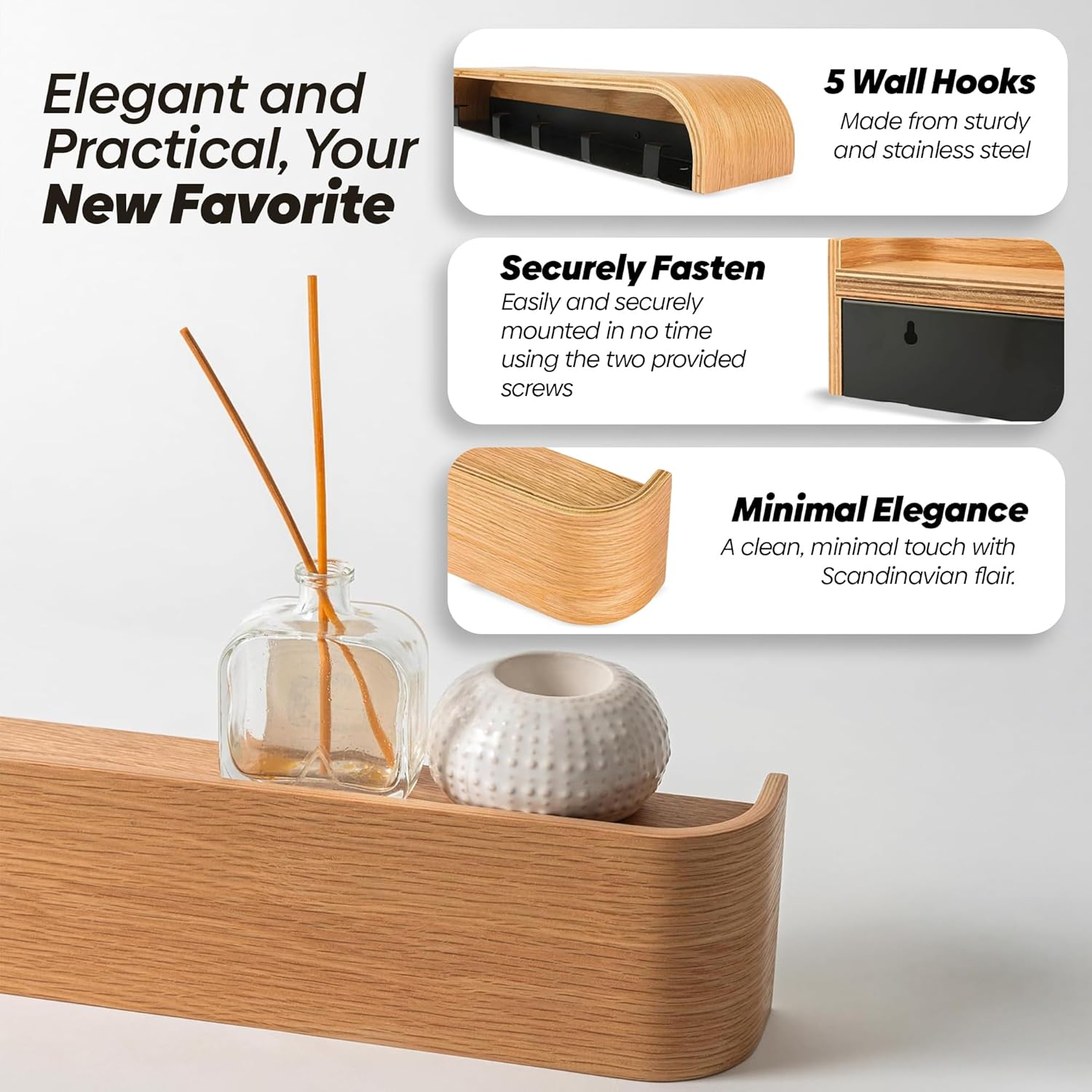 PEACE KINGDOM Wall-Mounted Wooden Coat Rack with Shelf, 50 Cm Modern Design Entryway Hat Towel Robes Coat Hanger with Hidden Metal Wall Hooks for Office, Bathroom, Living Room and Bedroom (Oak) - Walnut image number 2