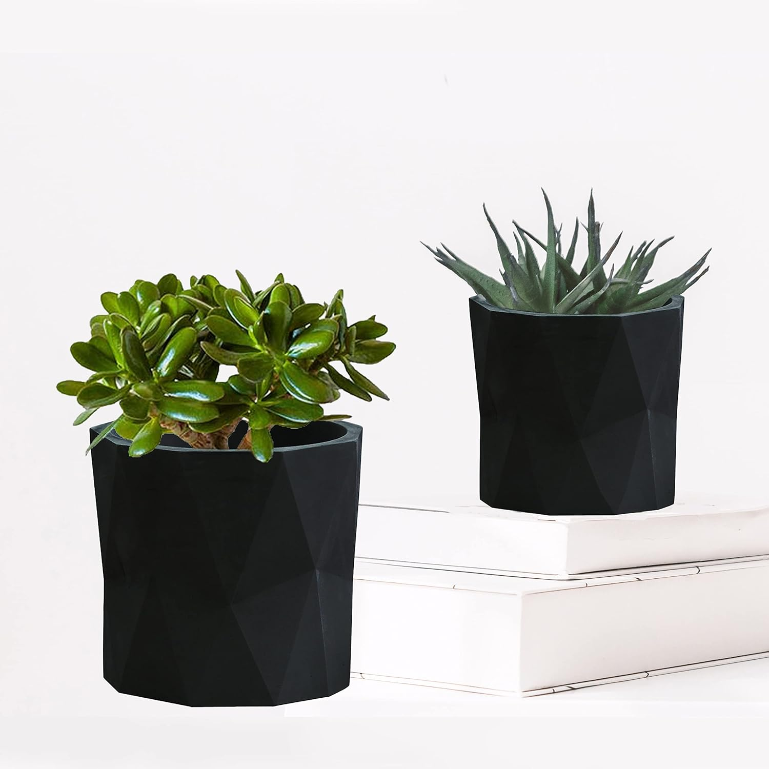 Olly & Rose Designer Geometric Plant Pots Garden Planters Set 2 Indoor Outdoor Plant Flower Pot Set (Matt Black)