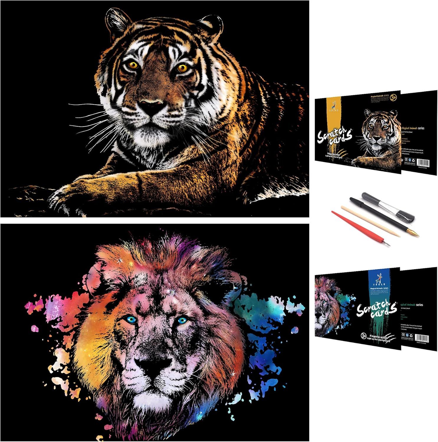 Scratch Rainbow Painting Art Paper,Scratch & Sketch Art for Kids & Adults,Animal Series Creative DIY Gifts&Arts Craft Kits with 4 Tools,16''X11''(Lion&Tiger) image number 6