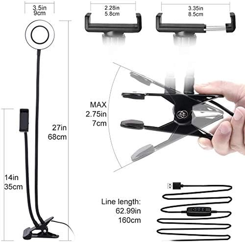 Selfie Ring Light with Gooseneck Stand & Phone Holder, 3 Color 10-Level Dimmable LED Desk Lamp with Clamp, Clip-On Lights with Flexible Arm for Selfie, Web Conference, Live-Streaming, Reading and More image number 4