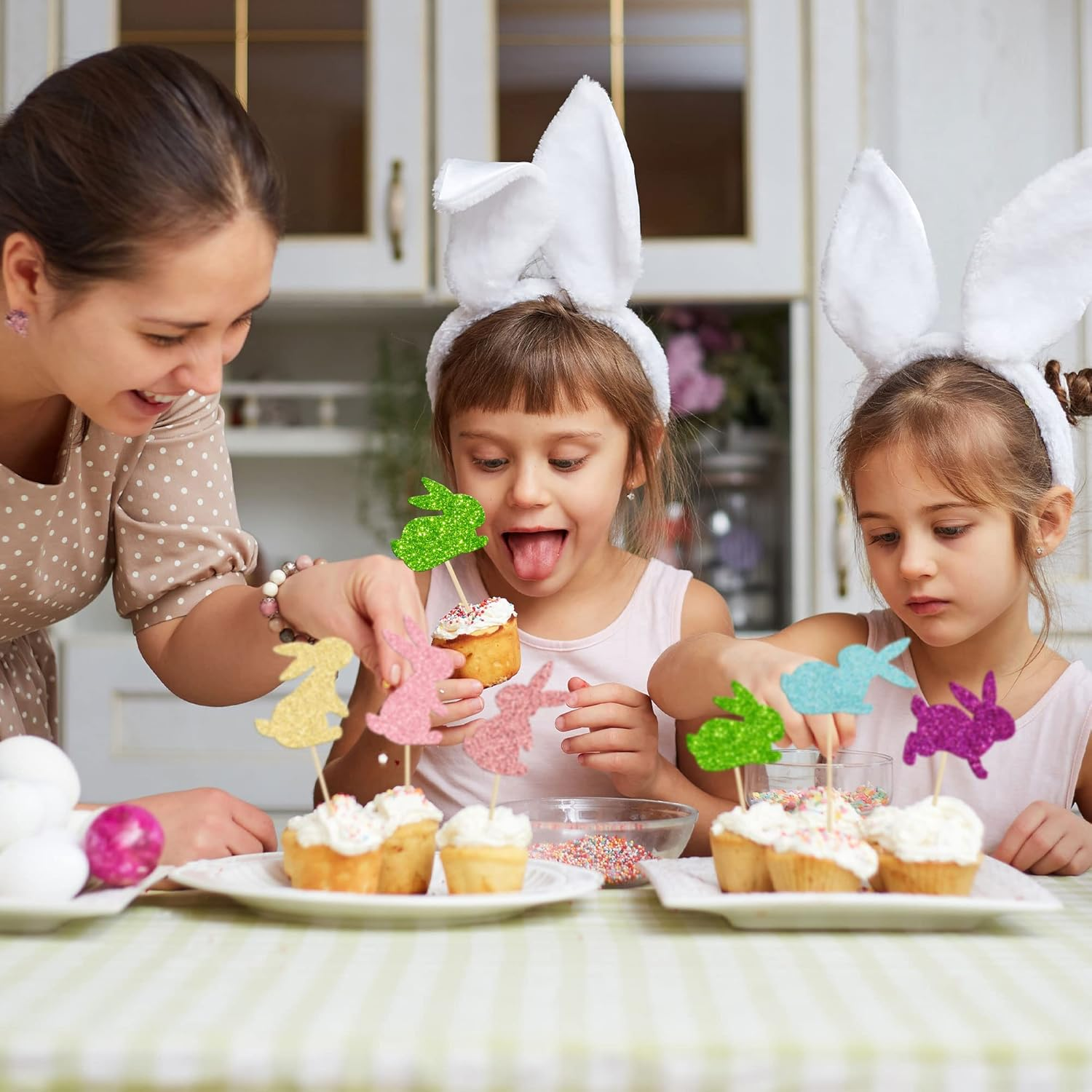 24Pcs Happy Easter Cupcake Toppers Glitter Cute Bunny Cake Decorations Bunny Rabbit Cupcake Picks for Easter Spring Theme Babyshower Kids Birthday Party Supplies - Blue 12 image number 7