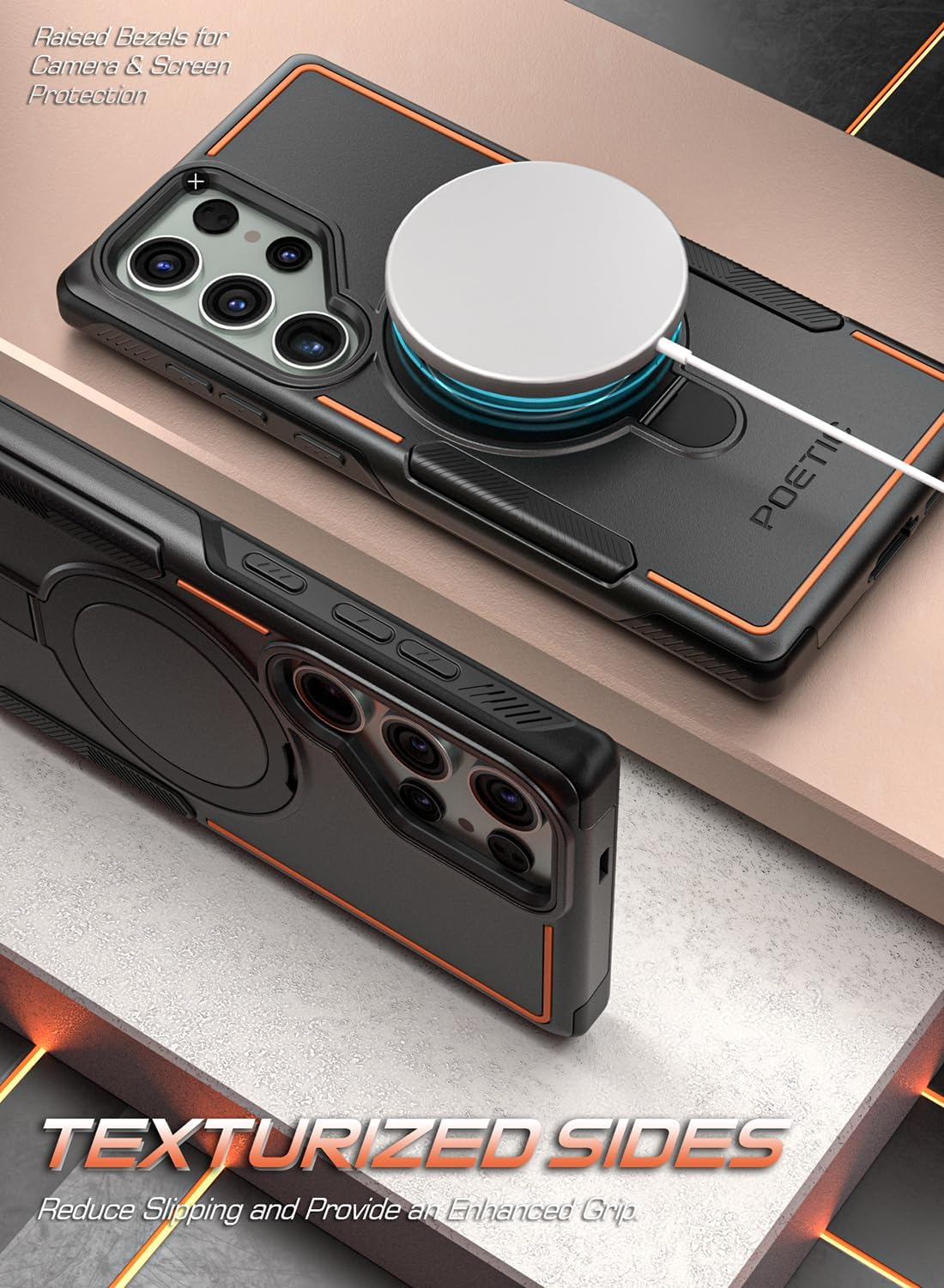 Poetic Neon Magpro Case Designed for Samsung Galaxy S23 Ultra / S22 Ultra 5G 6.8 Inch,[Compatible with Magsafe] Dual Layer Heavy Duty Rugged Shockproof Protective, Magnetic Ring Stand, Black - Light Pink image number 7