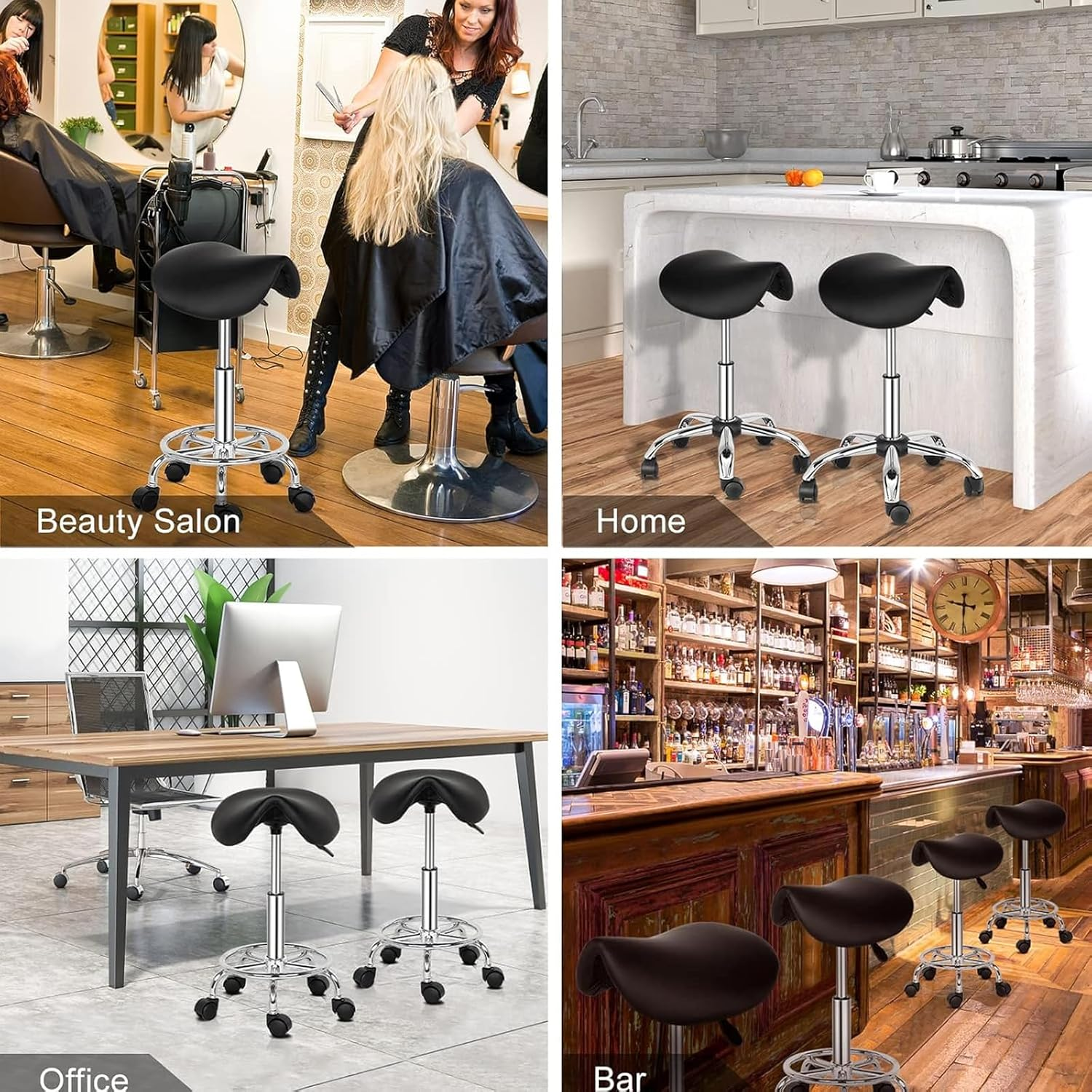 Rolling Stool Chair PU Leather Height Adjustable Swivel Drafting Work SPA Shop Medical Salon Stools with Wheels Office Chair,Black image number 1