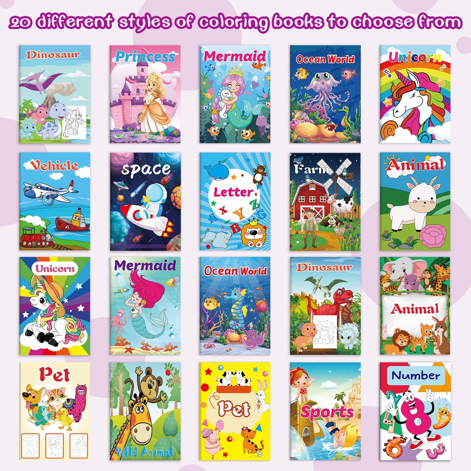 20Pack Small Colouring Books for Kids Party Favours Age 2-4, 4-8, Bulk Colouring Books for Children Girls and Boys, Party Goodie Bags Stuffer Fillers, Includes Unicorn, Mermaid Farm Dinosaur Vehicle More Themes