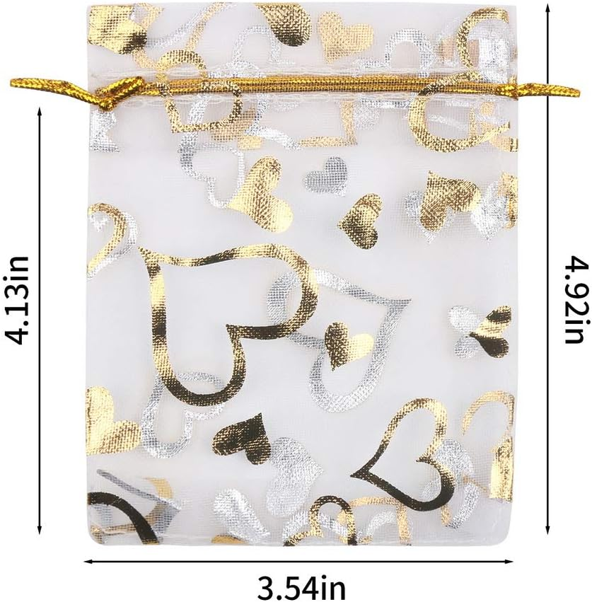 CCINEE 3.5X4.7 Inches Organza Bags Candy Gift Bags 100 Pieces (Gold Heart White Bag)