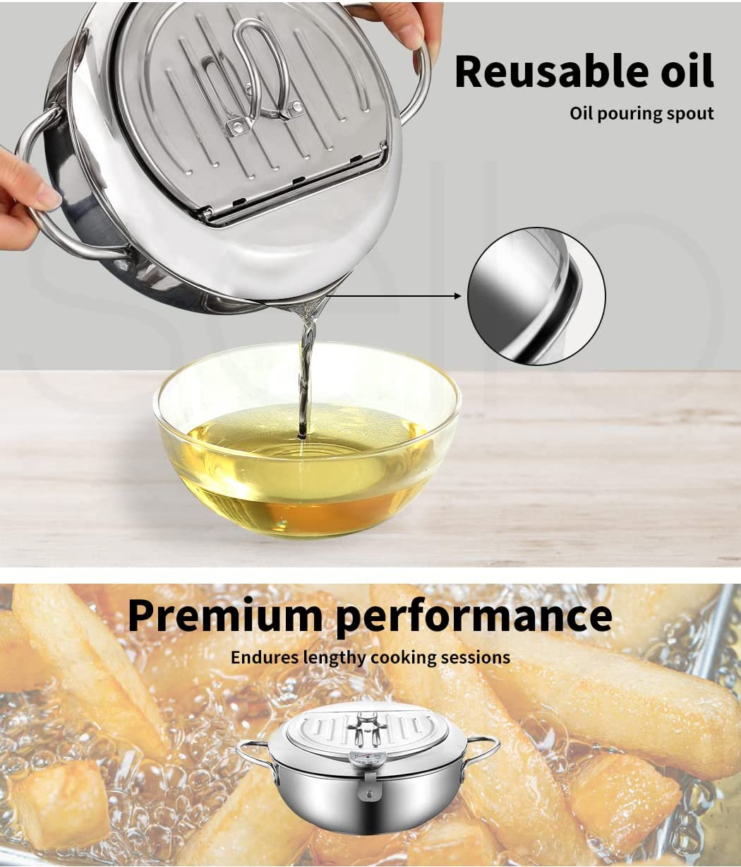 TOQUE 24Cm Japanese Deep Frying Pan Pot Thermometer Kitchen Tempura Fryer Silver, 304 Food Grade Stainless-Steel Pan, Easy to Clean Non Stick Frying Pan, Deep Fryer Cookware, Precise Thermometer image number 1