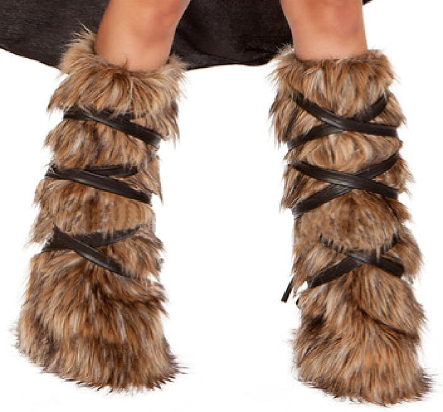 Halloween Viking Warrior Costume Set Brown Faux Fur Arm & Leg Warmers Fluffy Long Boot Cuffs Covers Arm Wrap for Women Adult image number 3