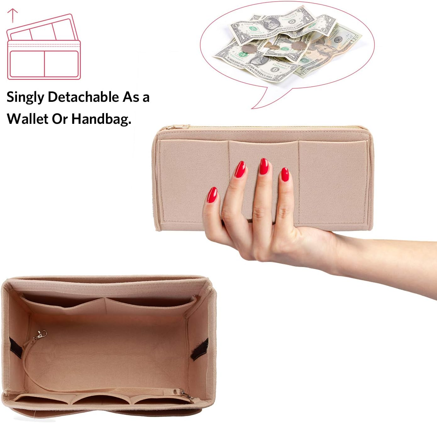 Purse Organizer Insert, Felt Tote Organizer Insert with Metal Zipper, Handbag Organizer for Speedy, Neverfull, Tote, Handbag, 7 Colors 5 Sizes, Beige, X-Large