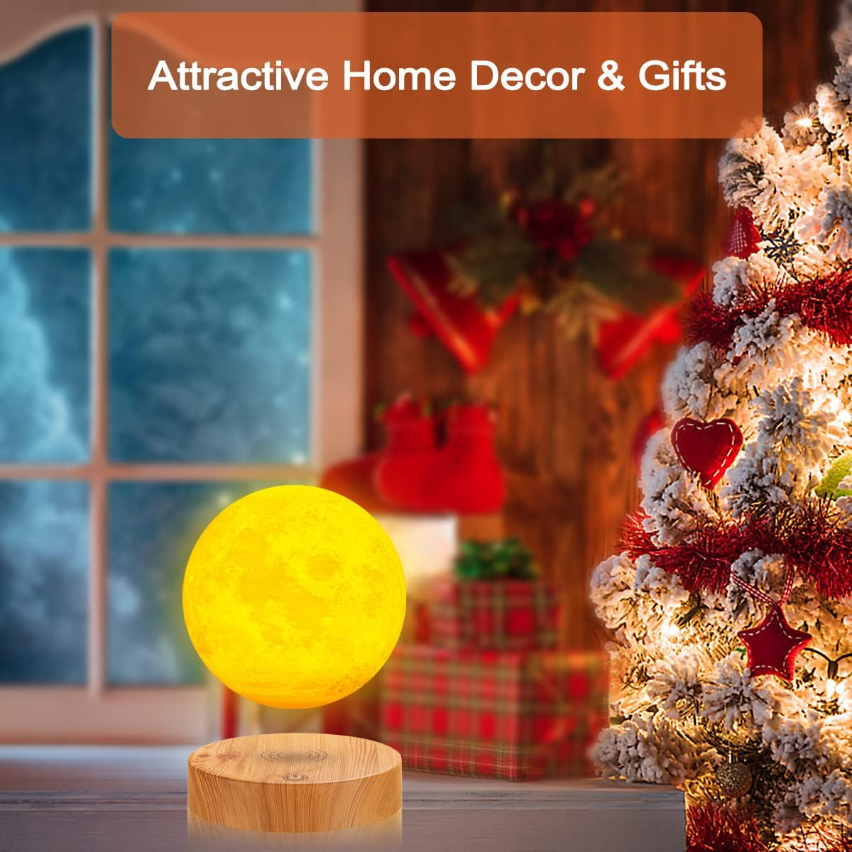 Levitating Moon Lamp - 3 Colors Modes Magnetic Levitation LED Moon Light, Rotation Floating 3D Printing Moon Night Lights for Home Office Desk Room Decoration round Base