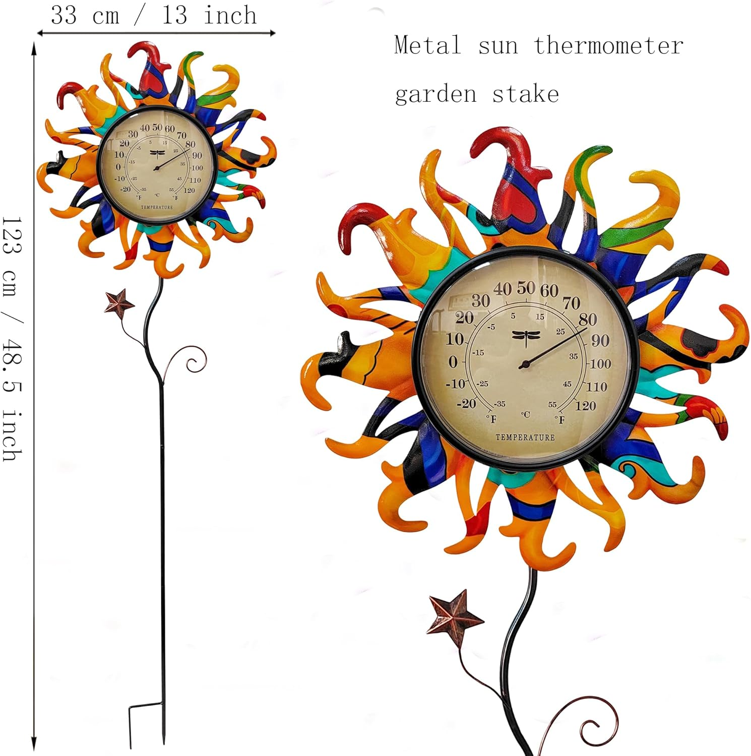 Metal Sun Thermometer Indoor Outdoor Ornament Wall Art Decor, Sun Plaque Sculpture Hanging Mounted for Living Room Bedroom Kitchen Patio for Home or Garden, No Battery Required (ORANGE SUN STAKE) - Orange image number 6