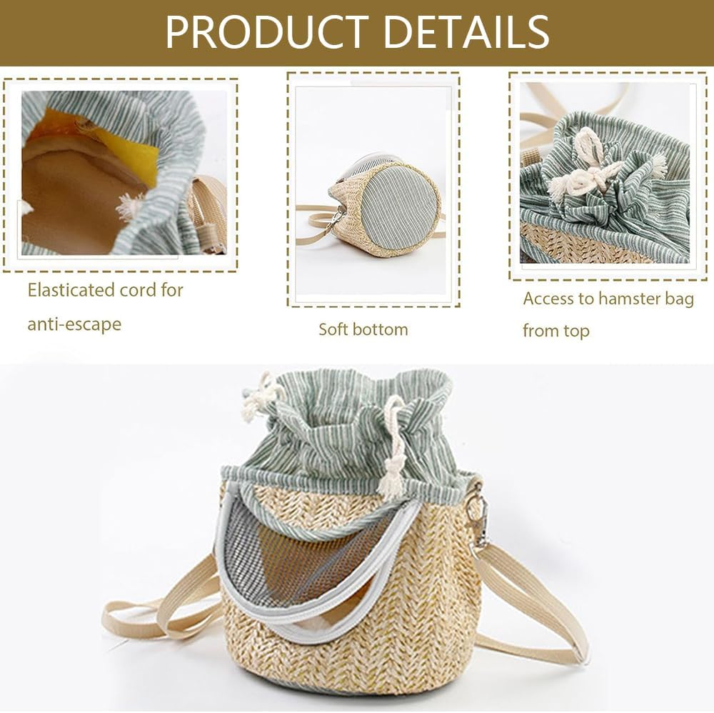 Small Animal Carrier Bag - Portable Breathable Straw Mesh Pet Carrier for Hamster, Guinea Pig, Bunny, Rat, Bird, or Small Pets - Lightweight Travel Outgoing Bag