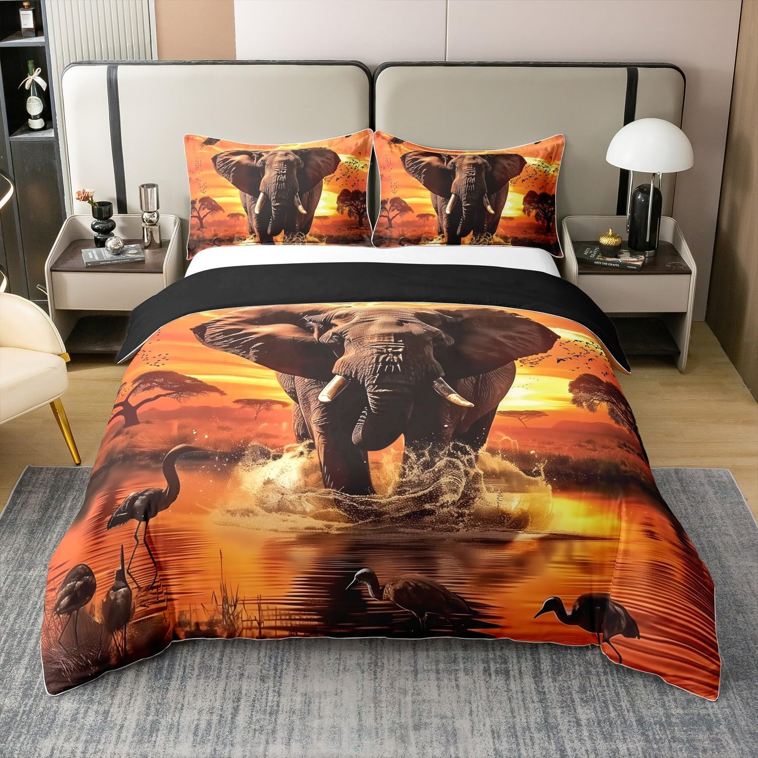 100% Cotton Elephant Bed Linen Set, Sunset Landscape Bed Linen, African Wildlife Duvet Cover 200 X 200.2 Cm Pillowcases, Eagle Comforter Cover, Animal Theme Duvet Cover for Room Decor, Orange