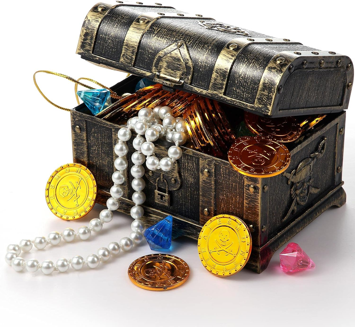 89 Pieces Pirate Treasure Chest Toy Kit Vintage Pirate Treasure Chest Pirate Eye Patch Gold Earrings Gold Coin Gems Plastic Toy Compass Pirate Map for Cosplay Themed Party Favors (Creative Style) image number 5