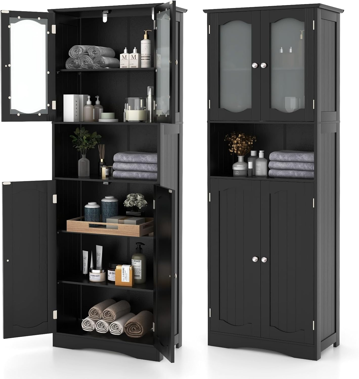 Giantex 164 Cm Tall Bathroom Storage Cabinet, Freestanding Linen Cabinet with Frost Glass Doors and Shelves, Kitchen Pantry Cabinet or Living Room Dining Room Office (Black)